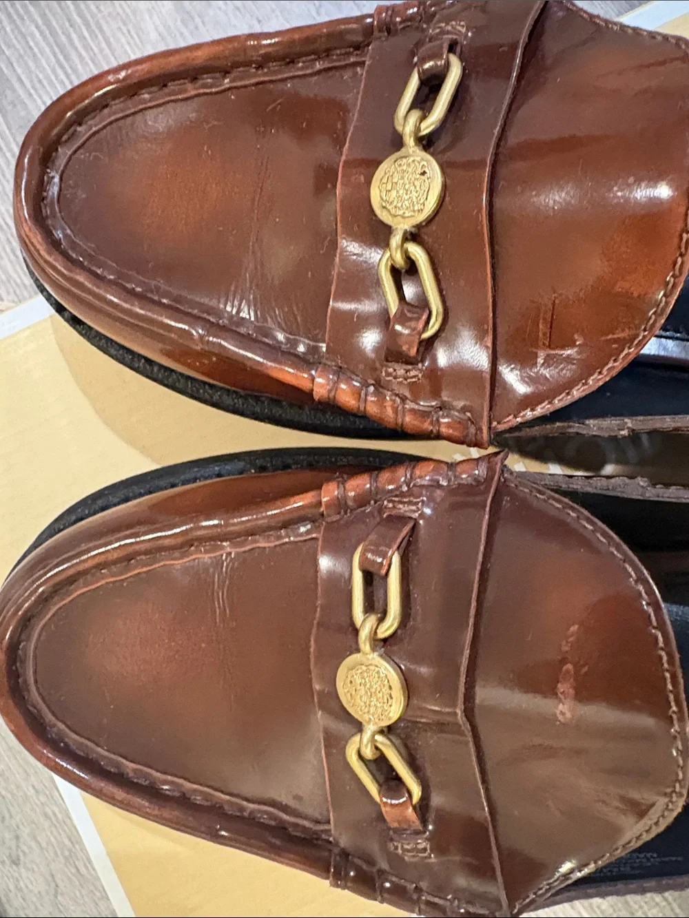 Vince Camuto Men's Brown Leather Loafer with Gold Chain Accent